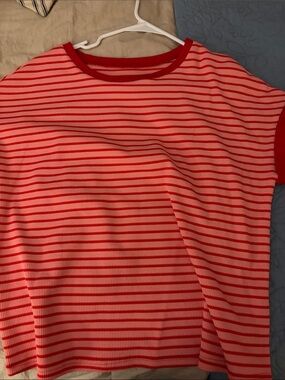 Womens Red & Pink Striped Short Sleeve Top